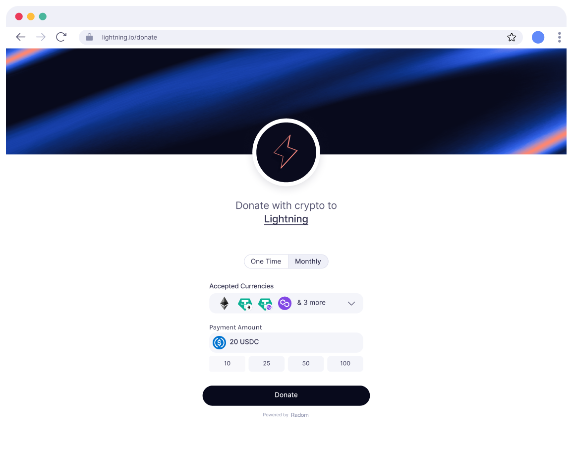 Crypto donation link user interface showcasing the option to donate one time or monthly.